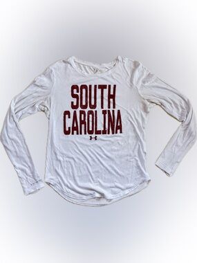 Under Armour White Long Sleeve Tee Maroon South Carolina & Thumb Holes Sz Small
